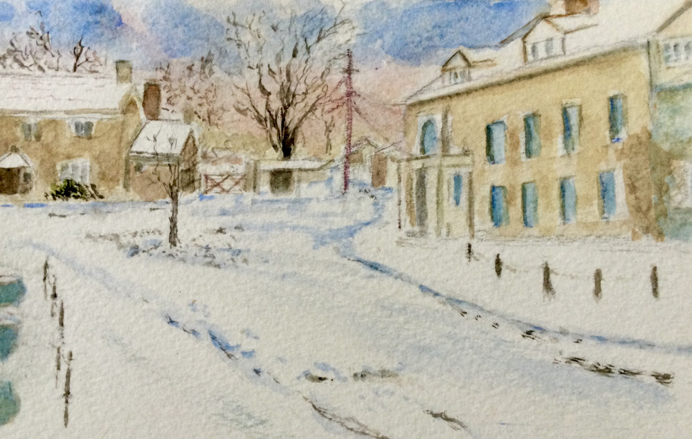 White House along Church Road after a snowfall.