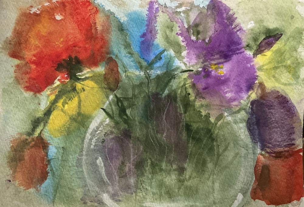 Acrylic ink painting titled ‘Forgotten Flowers’ featuring a glass vase with delicate stems and faded blooms. The artwork was created by dropping inks into wet areas and letting them flow naturally, with added stem and foliage details worked in while wet.