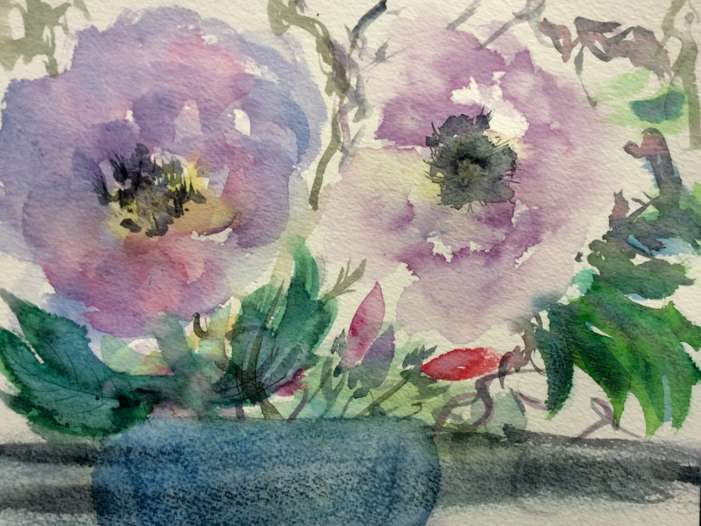 Loose oriental-style watercolour painting of potted peonies in full bloom. The flowers feature lush layers of petals in Alizarin Crimson surrounding bright golden centres, painted spontaneously with Ultramarine Blue and Viridian Green foliage, no preliminary drawing.